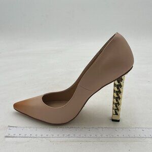 Nude Women Gold Metal Chain Chunky High Heel Pointed Toe Slip On Fashion Pumps